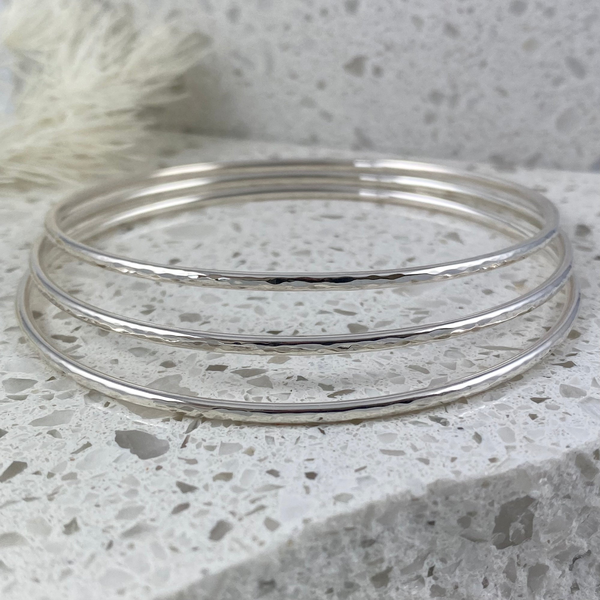 Round Hammered Bangle Bracelet - Solid Sterling Silver - Ativa Jewellery