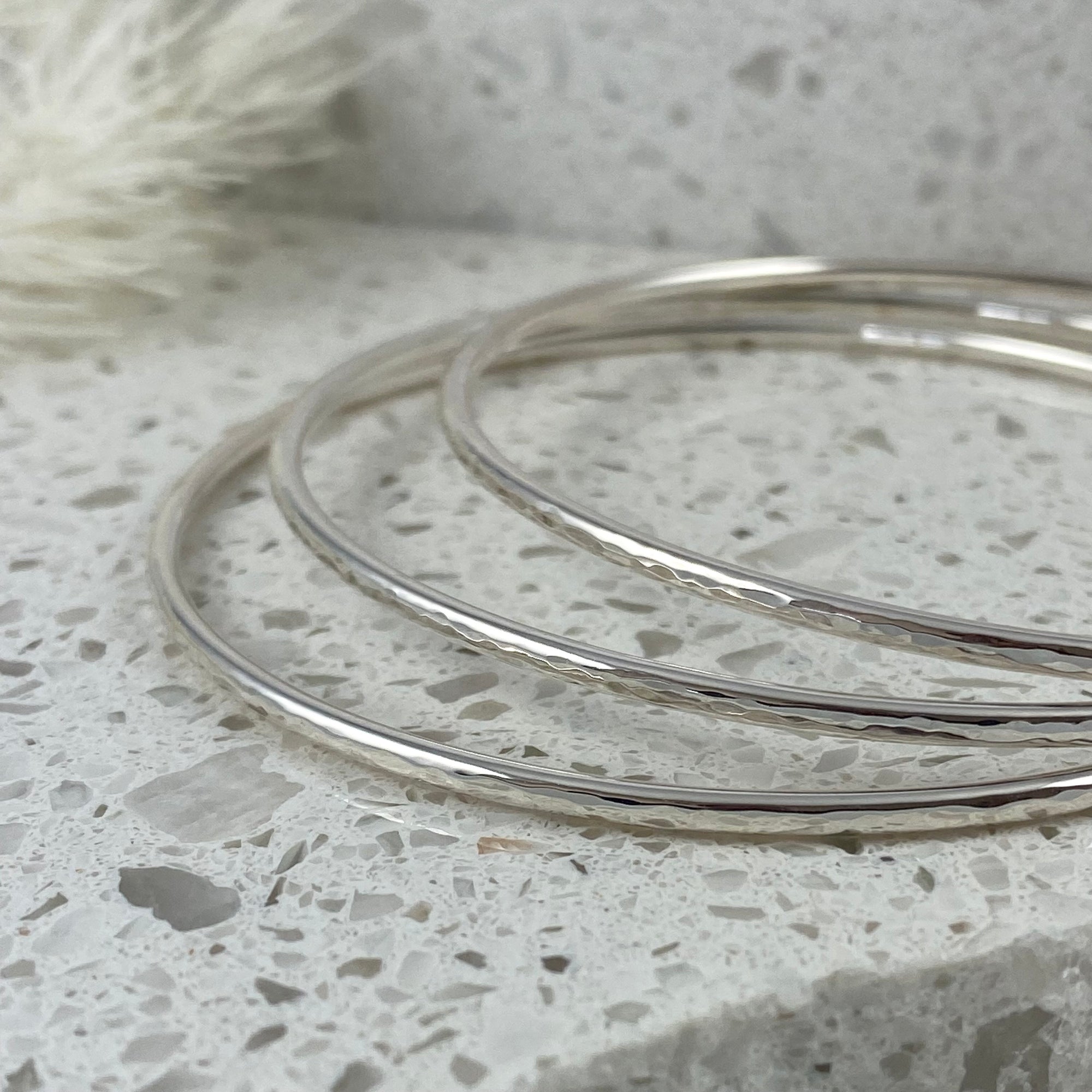 Round Hammered Bangle Bracelet - Solid Sterling Silver - Ativa Jewellery