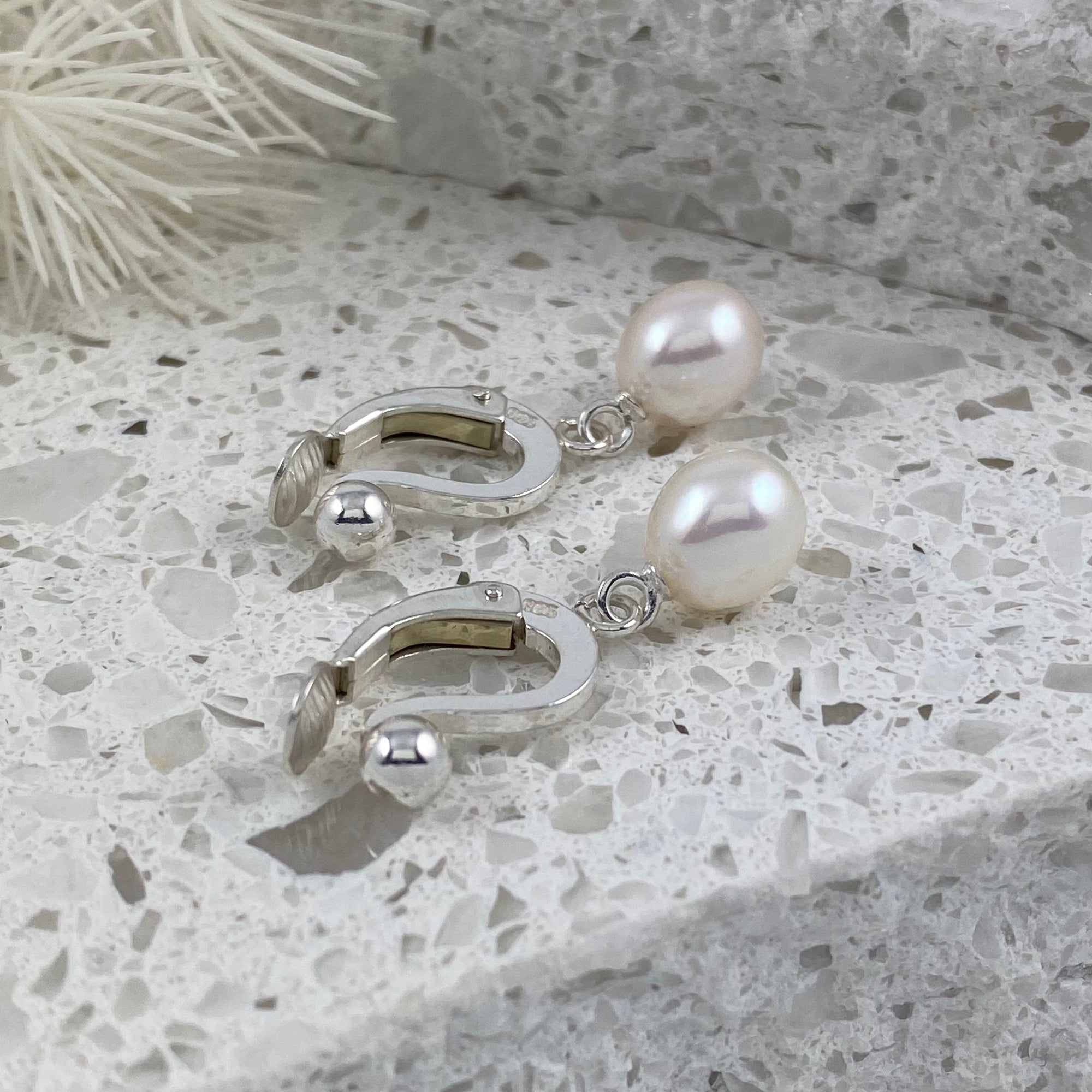 Waltz Sterling Silver & Pearl Drop Clip-On Earrings - Ativa Jewellery