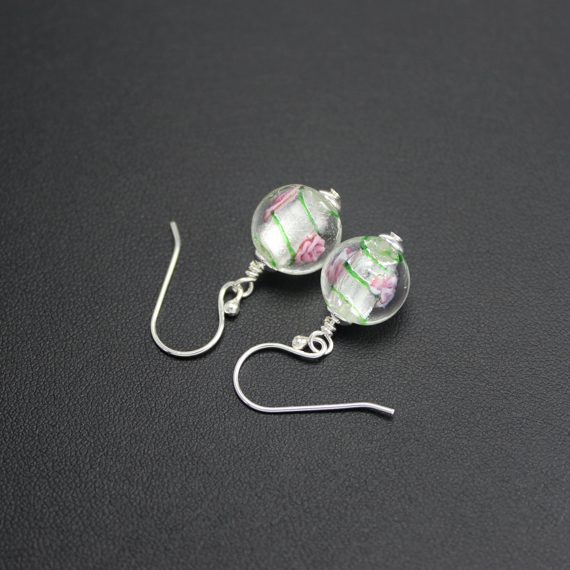 Viennese Art Glass Flower Earrings (Pink/Green)