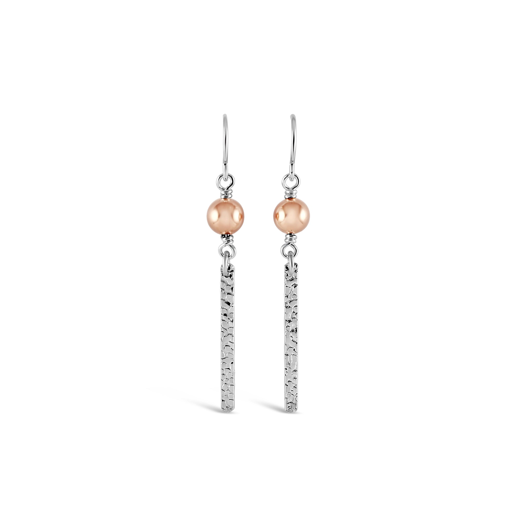 Contemporary Rose Gold &amp; Silver Hammered Drop Earrings