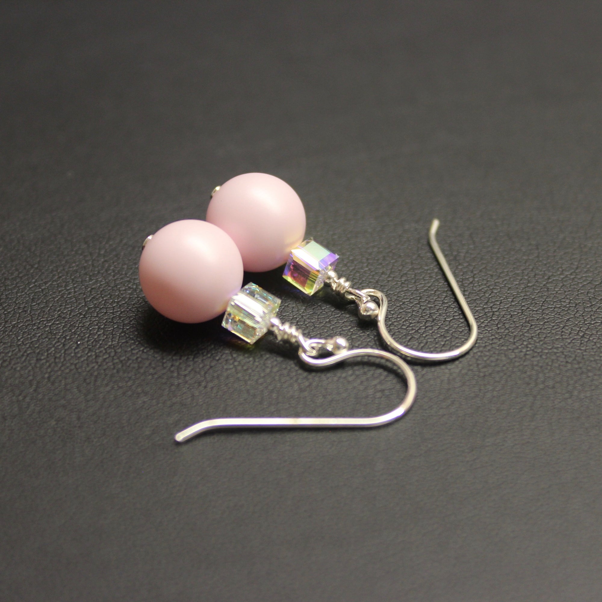 Ballet Crystal Cube/Pearl Drop Earrings (Pastel Pink &amp; Aurora)